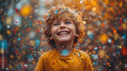  A close-up of a child grinning with confetti scattered around his face against a colorful confetti backdrop