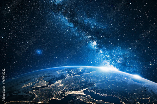 Abstract night space view of planet Earth with city lights, blue earth from above in the starry sky at night