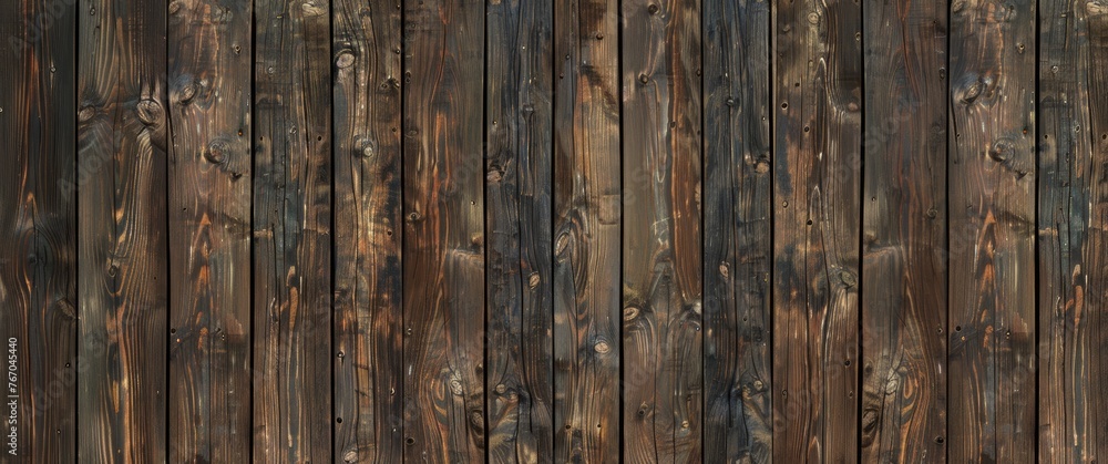 Naklejka premium Dark brown wooden wall background with texture of old wood planks, seamless pattern for interior design. Wooden wallpaper for design, presentation or web banner.