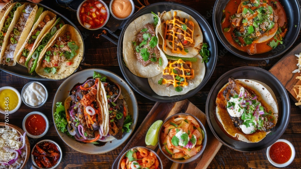 Assorted Tacos and Sauces Spread on Table Assorted Tacos and Sauces Spread on Table