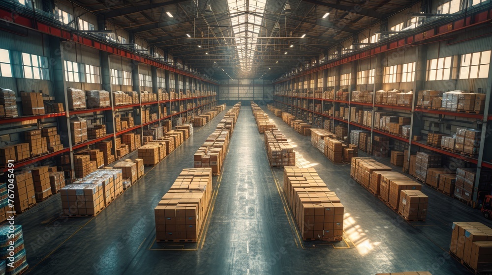   A spacious warehouse brimming with numerous shelves, stacked with an array of boxes