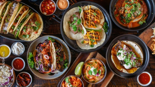 Assorted Tacos and Sauces Spread on Table