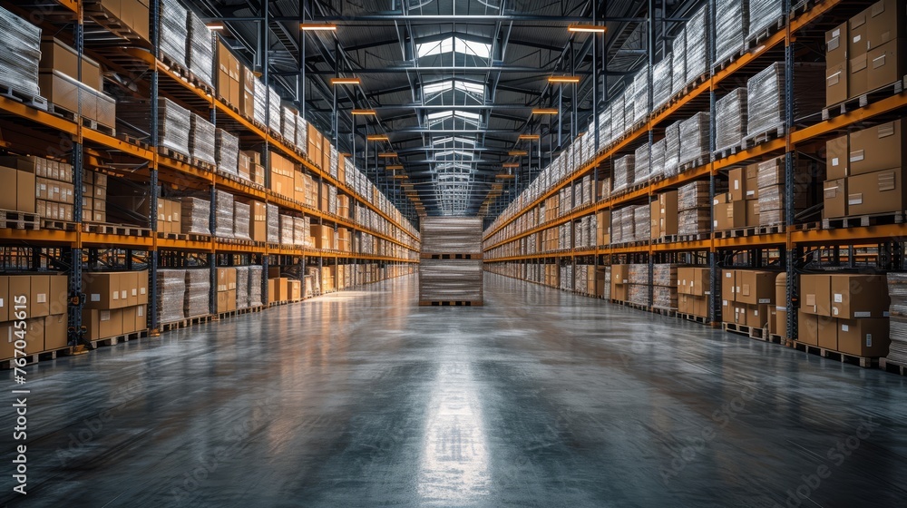   A spacious warehouse brimming with numerous shelves, housing multitudes of boxes stacked high on both sides of the aisles
