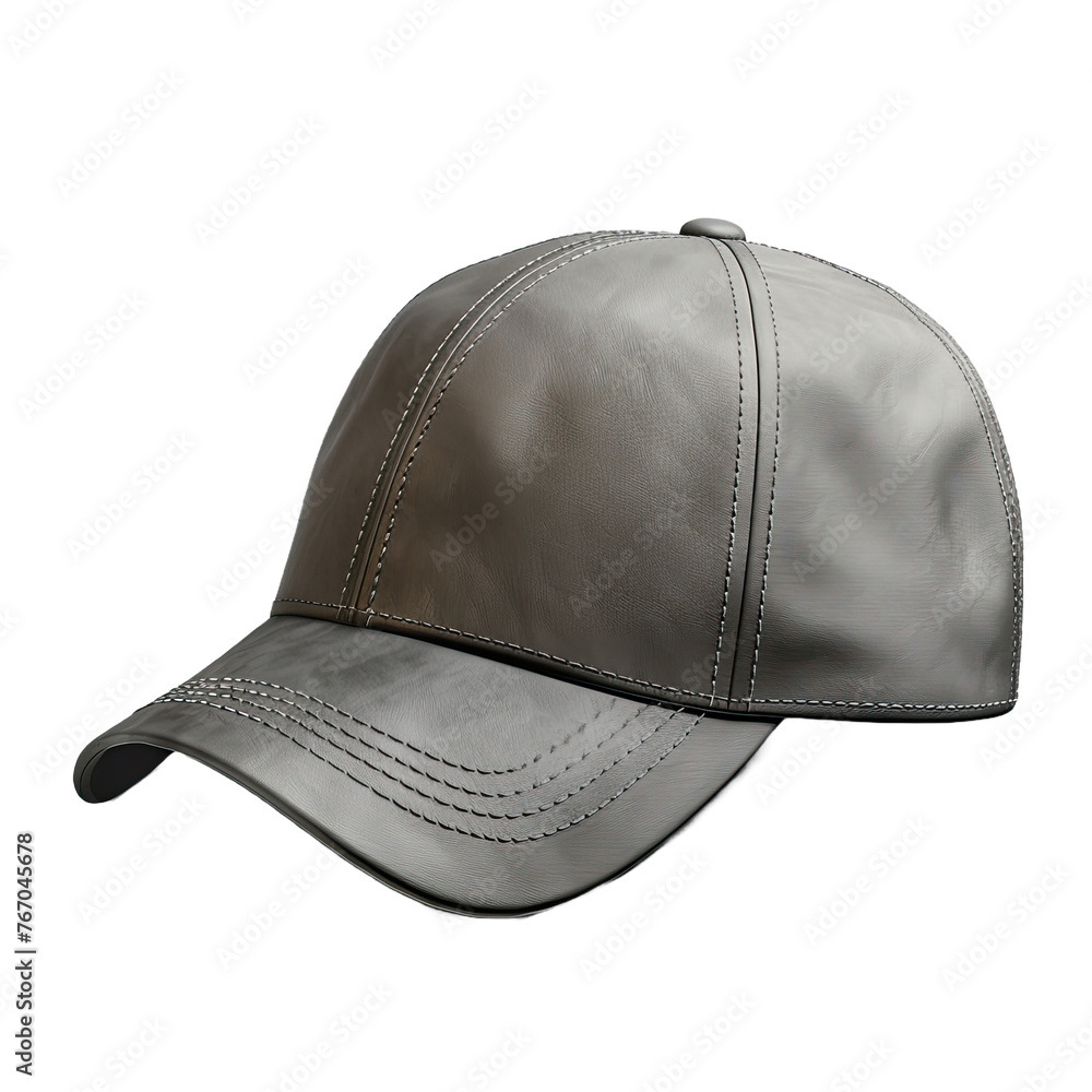 leather visor grey baseball cap mockup side view, png file of isolated cutout object with shadow on transparent background leather visor grey baseball cap mockup side view, png file of isolated cutout object with shadow on transparent background