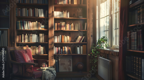 Mock-up of bookshelf with a lot of book spine stacking in the shelf on a beautiful vintage and warm atmosphere background. Natural light and shadow. Antique old vintage room style.