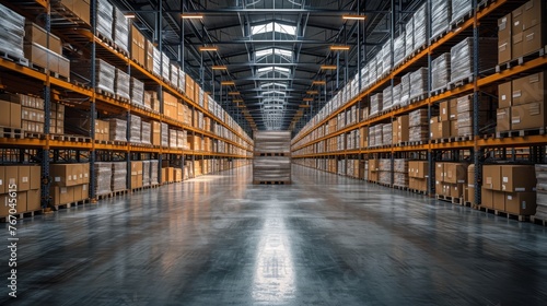  A spacious warehouse brimming with numerous shelves, housing multitudes of boxes stacked high on both sides of the aisles