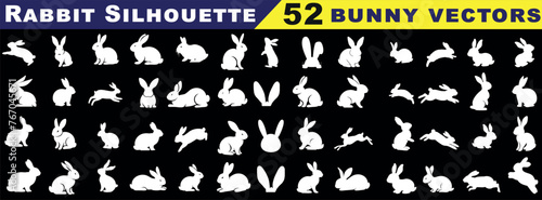 Rabbit silhouettes vector illustration, perfect for Easter, spring celebrations. Features adorable, fluffy bunnies in various poses - hopping, sitting, standing. Ideal for nature, wildlife themes