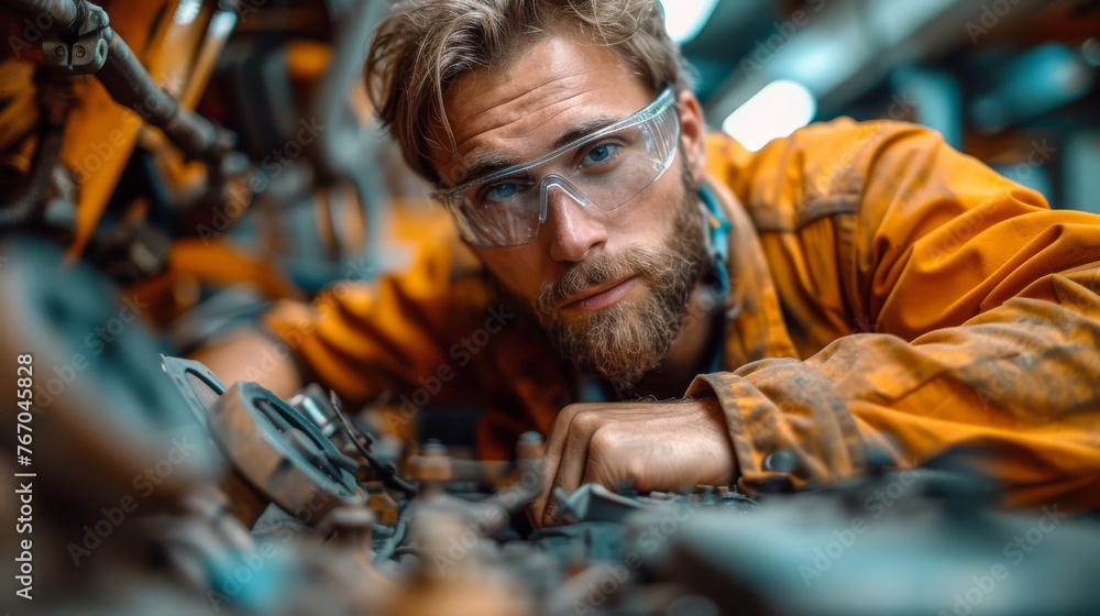   A man wearing goggles and glasses works on machinery in a factory, facing the camera with a serious expression