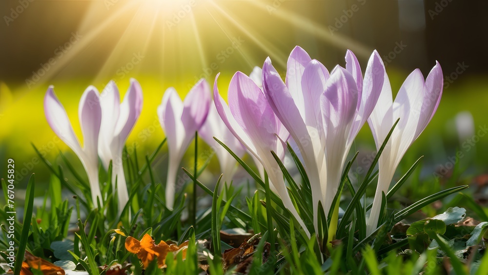 Amazing sunlight on blooming spring flowers with crocus, wildlife Amazing sunlight on blooming spring flowers with crocus, wildlife