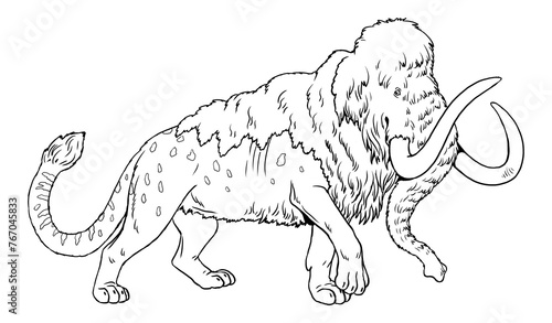Coloring page with the animals mutants: prehistoric lion with mammoth head. Coloring book with fantasy creatures. photo