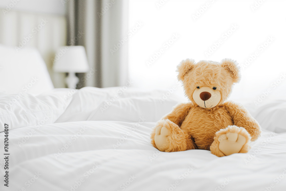 Cute little teddy bear lying alone on white bed in morning Cute little teddy bear lying alone on white bed in morning