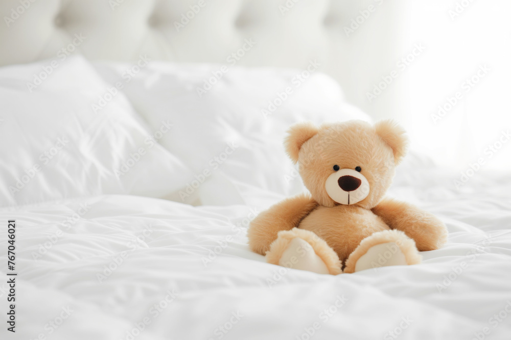 Cute little teddy bear lying alone on white bed in morning