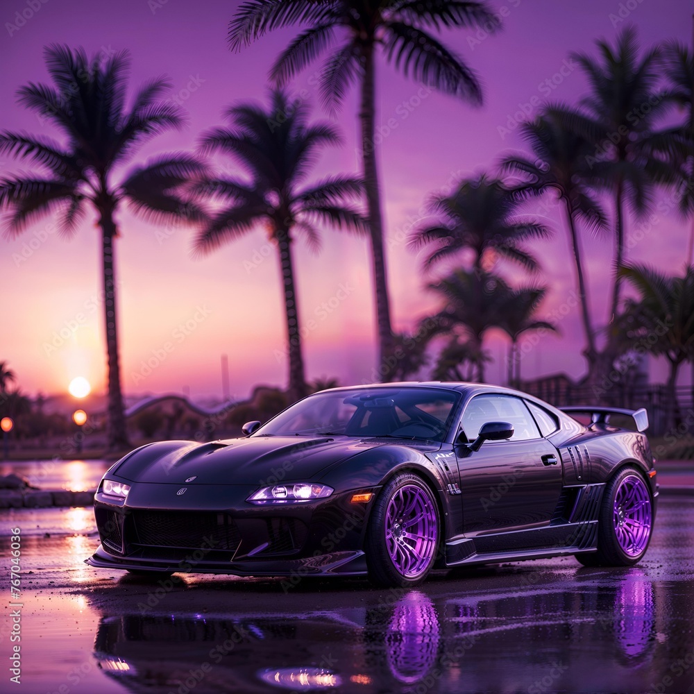 Car parked on a reflective wet surface during a picturesque sunset, with a blurred central focus enhancing the dreamy ambiance