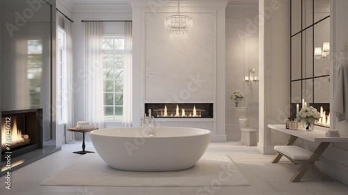 Elegant spa-like master bathroom with freestanding tub and fireplace.