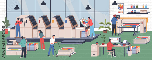 Print house workers. Production process printed products, people in copy center, typography machines and equipment, scanner and copier cartoon flat style isolated nowaday vector concept
