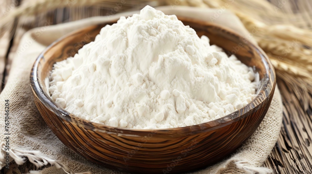 White flour in a wooden bowl on a rustic table. The flour is piled high in the bowl and is surrounded by wheat.