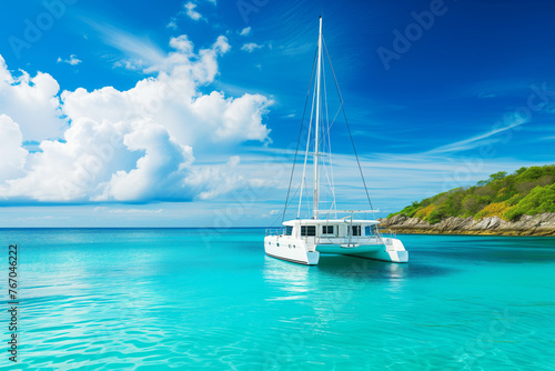 White catamaran on azure water against blue sky, beautiful green island in the background © Tymofii