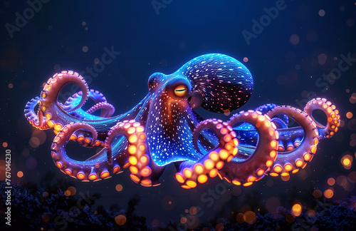 Illuminated Neon Octopus Underwater