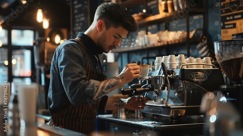 Bearded barista making coffee with tattoo on his arm in a coffee shop.