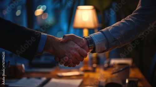 Business professionals shaking hands while working late in the office. photo