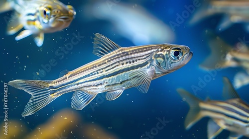 A closeup of a zebrafish in an aquarium. The zebrafish is a small, freshwater fish that is native to India and Bangladesh. photo