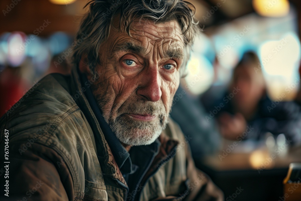 Tired elderly homeless man, deep stare, background of a random diner Tired elderly homeless man, deep stare, background of a random diner