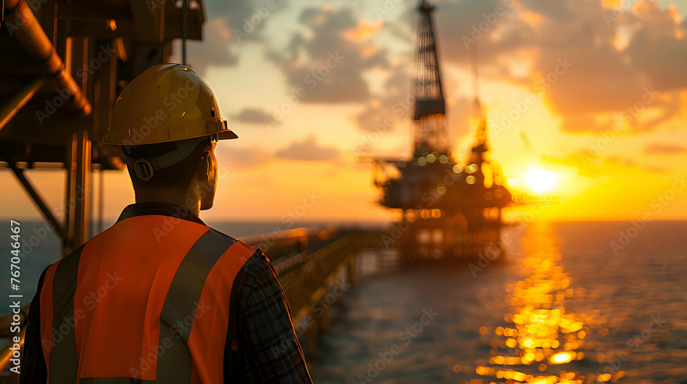 Back view of oil worker wearing a safety helmet and vest working in oil rig In the middle of the sea to find and produce oil, a career that is risky but gives good rewards Back view of oil worker wearing a safety helmet and vest working in oil rig In the middle of the sea to find and produce oil, a career that is risky but gives good rewards