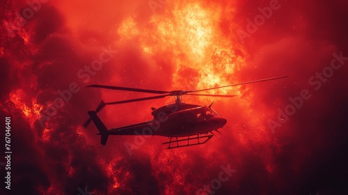  A helicopter flying in the sky against a fiery and smoky background