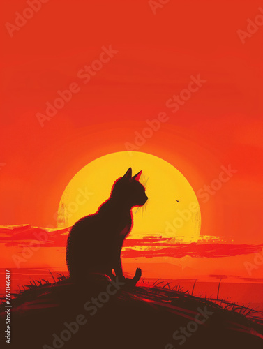 illustration of a cat in a sunset background painting style Generative AI