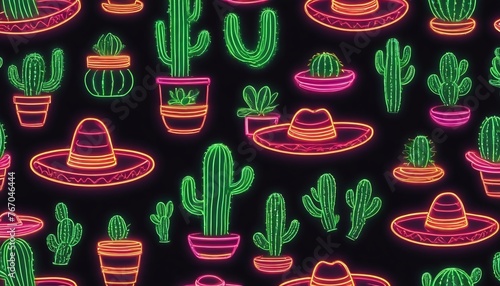 Neon Set Of Sombrero And Cactus.