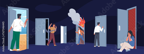 People and doors. Men, women knock, come in and out, entrance and exits, psychological problem, running away from fears, psychology and mental health, cartoon flat nowaday vector concept