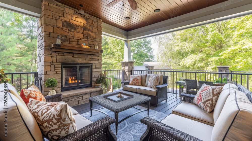 A large wooden deck with a fireplace and a dining table. The fireplace ...