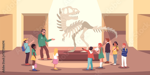 Kids group in exhibition hall. Guide tells children about tyrannosaurus rex, dinosaur museum, extinct animal skeleton. Historical artefact and scull cartoon flat isolated tidy vector concept