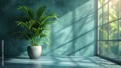   A pot on a windowsill in a green-walled room with a big window © Viktor