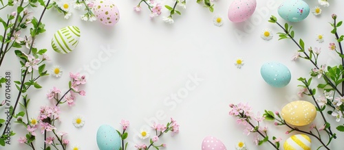 Easter frame displayed with spring flowers and eggs on a white background © Vusal