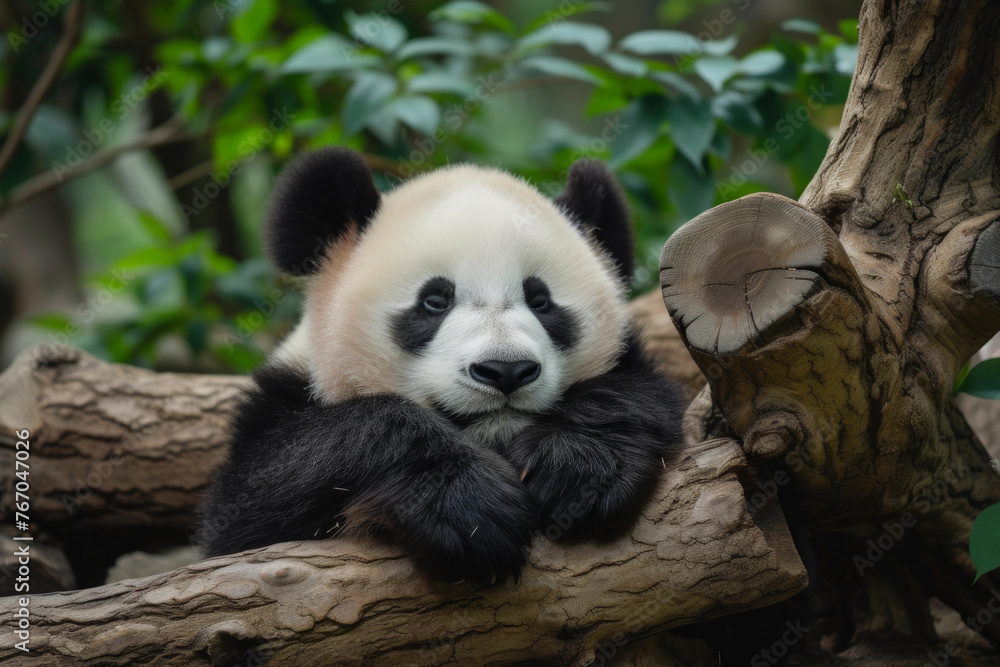 A baby panda is resting on a tree branch A baby panda is resting on a tree branch