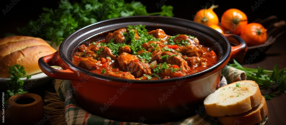 A pot of stew, a staple food dish, sits on a table beside bread and vegetables. This meal is made with various ingredients like meat, produce, and cooking spices