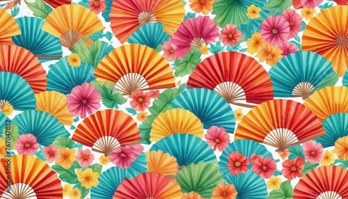 Seamless Watercolor Pattern Of Paper Fans And Flowers For Cinco De Mayo.