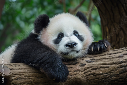A baby panda is resting on a tree branch