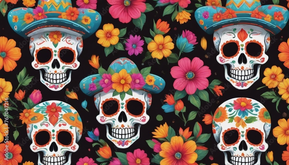Painted Colorful Cinco De Mayo Skulls With Traditional Flowers. Painted Colorful Cinco De Mayo Skulls With Traditional Flowers.