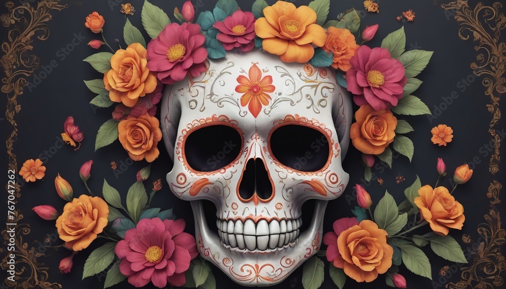 Decorative Skull With Flowers For Dia De Los Muertos.