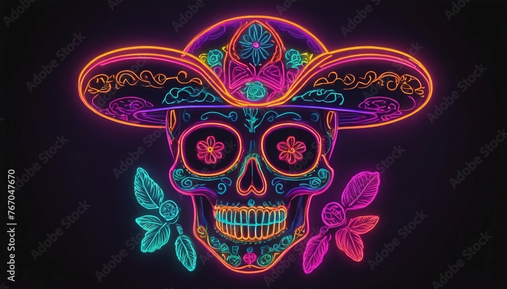 Neon Mexican Skull For Cinco De Mayo. Neon Mexican Skull For Cinco De Mayo.