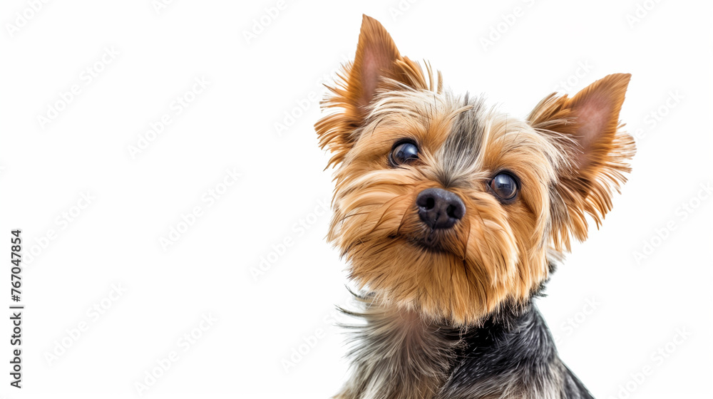 Adorable Yorkshire Terrier Portrait: Cute Yorkie Puppy Sitting Happily, Isolated on White with Copy Space. Adorable Yorkshire Terrier Portrait: Cute Yorkie Puppy Sitting Happily, Isolated on White with Copy Space.