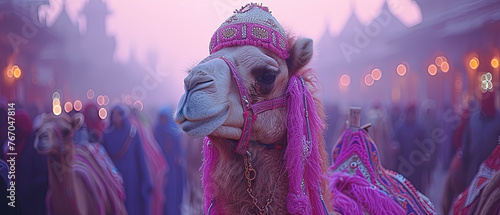 a camel with a pink headdress and a pink scarf