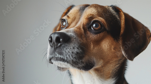 Adorable Mutt Dog Portrait: Cute Gray and Brown Portrait of A Pet Isolated on Gray Background with Copy Space.
