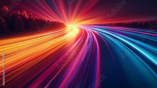 Long exposure capturing the colorful light trails of night traffic on highway