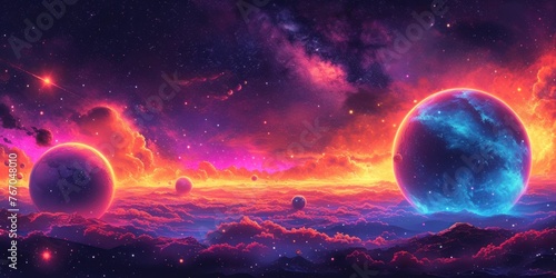 Vibrant Cosmic View of Planets and Nebula From an Alien Landscape at Twilight