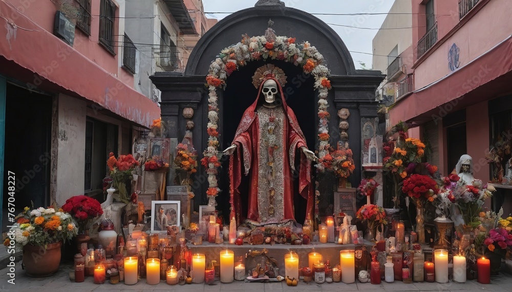 La Santa Muerte Altar In A Mexican City Street.