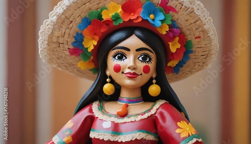 Wooden Figure Of A Woman In Traditional Mexican Clothing Celebrating Cinco De Mayo.
