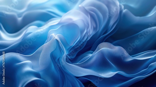 Close-Up View of Blue Satin Fabric Waves With Soft Folds and Shadows